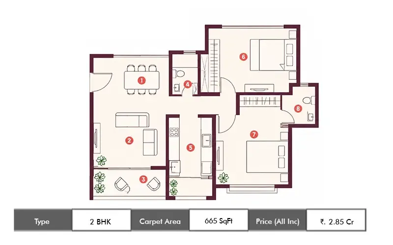Vaibhavlaxmi Rhythm 51 2 BHK floor plan, 665 sq ft carpet area